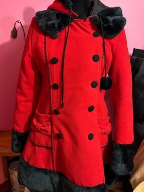 Hell Bunny Red Pea Coat with Black Faux Fur Accents